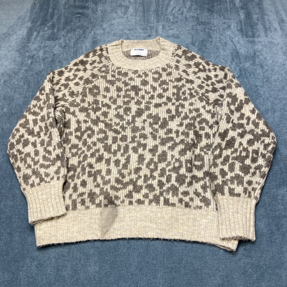 Old Navy Sweater Womens Medium Beige Gray Leopard Print Ribbed Winter Outdoor
